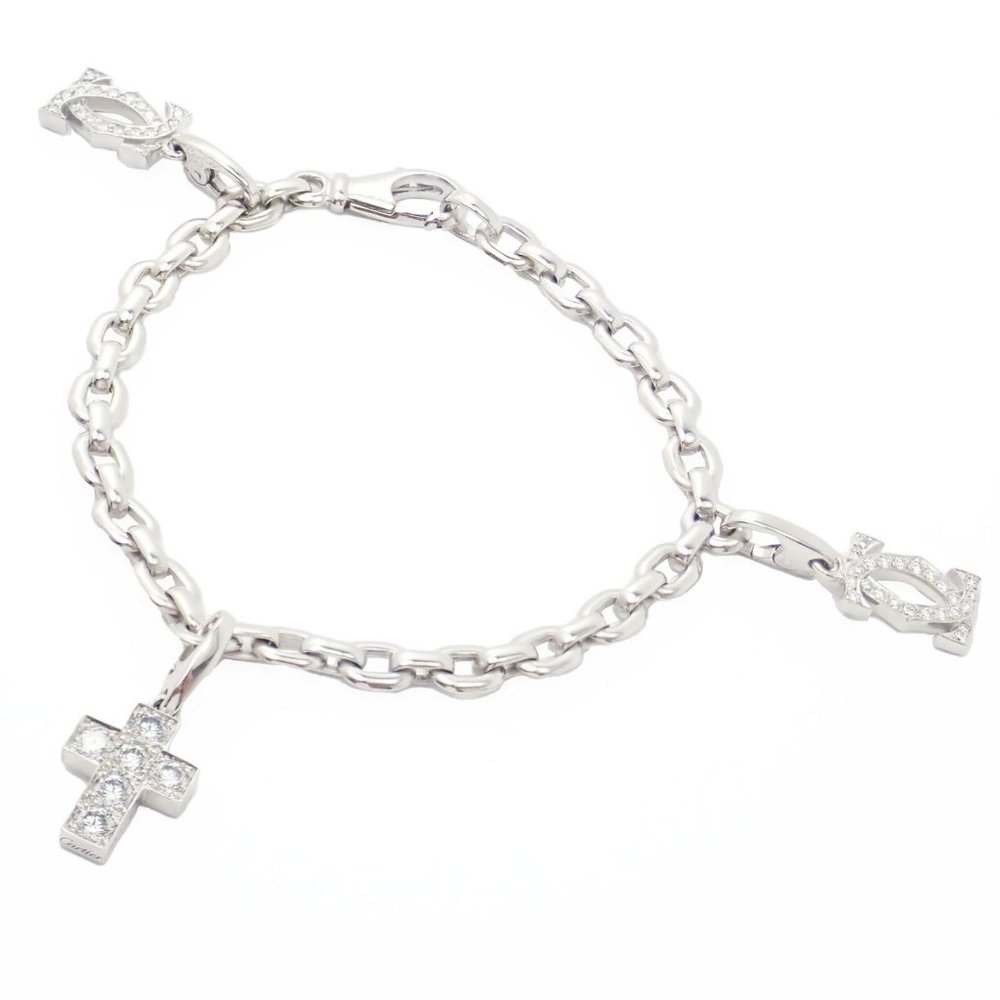 Authentic! Cartier 18k White Gold 3 Charm Bracelet with Diamond Cross Double C's
